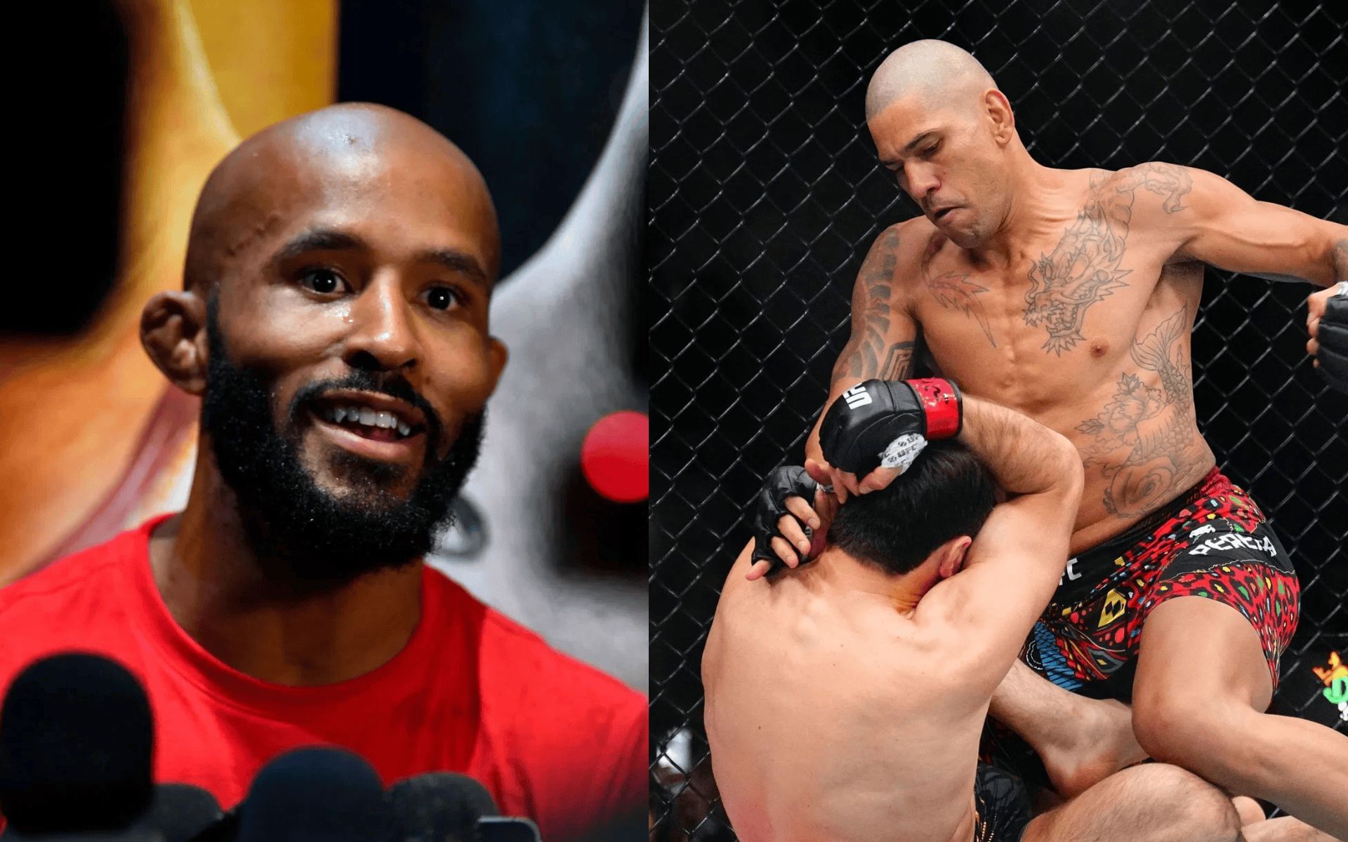 Demetrious Johnson (left) reacts to Alex Pereira