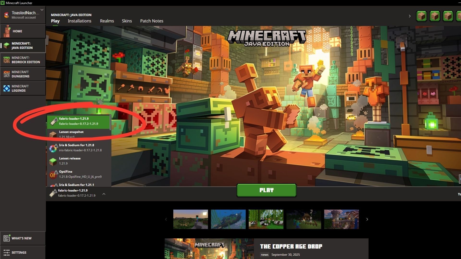 Head to the launcher and make sure that Minecraft Fabric 1.21.9 is successfully installed (Image via Sportskeeda Gaming || Mojang Studios)