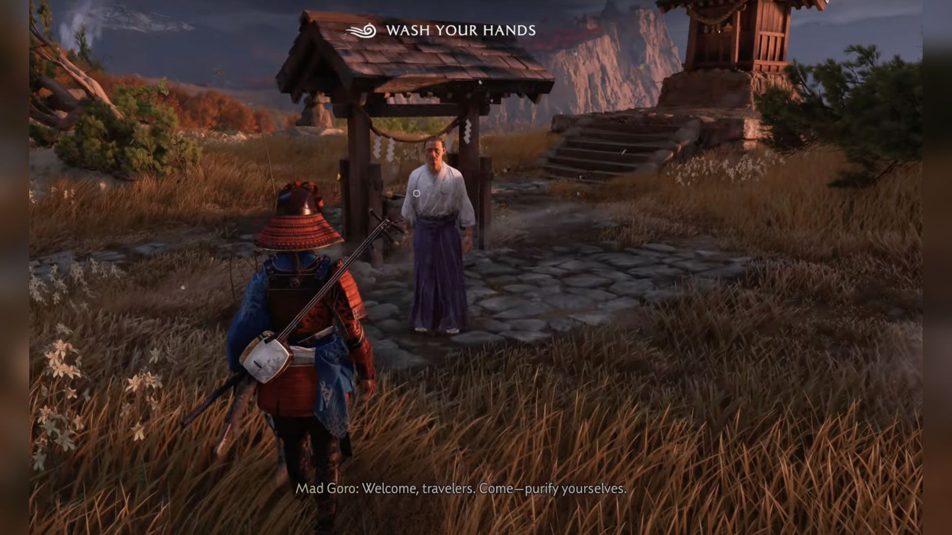 You will find Mad Goro disguised as a Monk near the shrine (Image via Sucker Punch)
