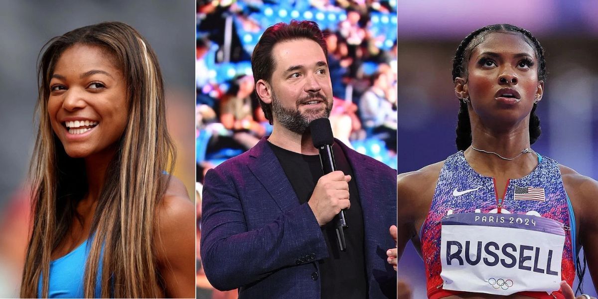 Gabby Thomas (L), Alexis Ohanian (C), Masai Russell (R). PHOTO: Getty Images