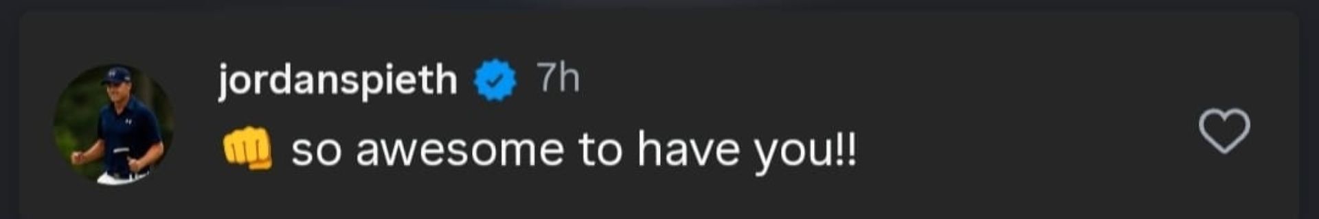 Screenshot of Jordan Spieth&#039;s comment on Chris Young&#039;s Instagram post (via @chrisyoungmusic)