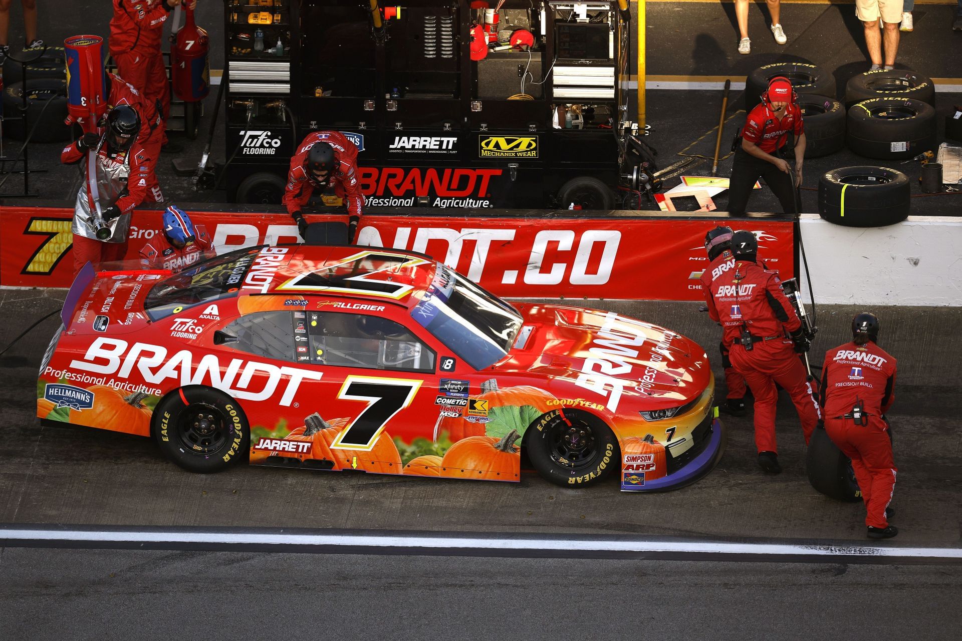 Justin Allgaier, driver of the #7 BRANDT Chevrolet, pits during the NASCAR Xfinity Series United Rentals 250 at Talladega Superspeedway - Source: Getty