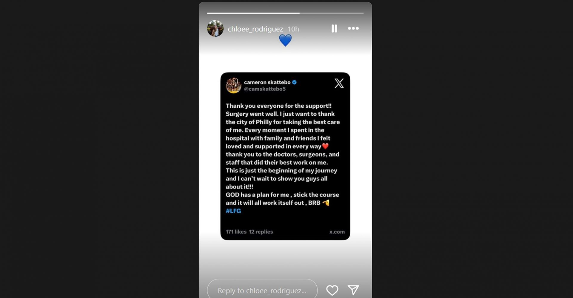 Cam Skattebo&#039;s GF Chloe Rodriguez&#039;s IG Story /@chloee_rodriguez