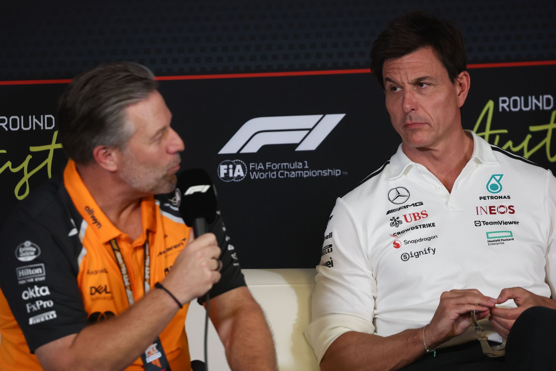 Zak Brown and Toto Wolff during the team principals press conference ahead of the Grand Prix of United States in Austin, United States on October 17, 2025 - Source: Getty