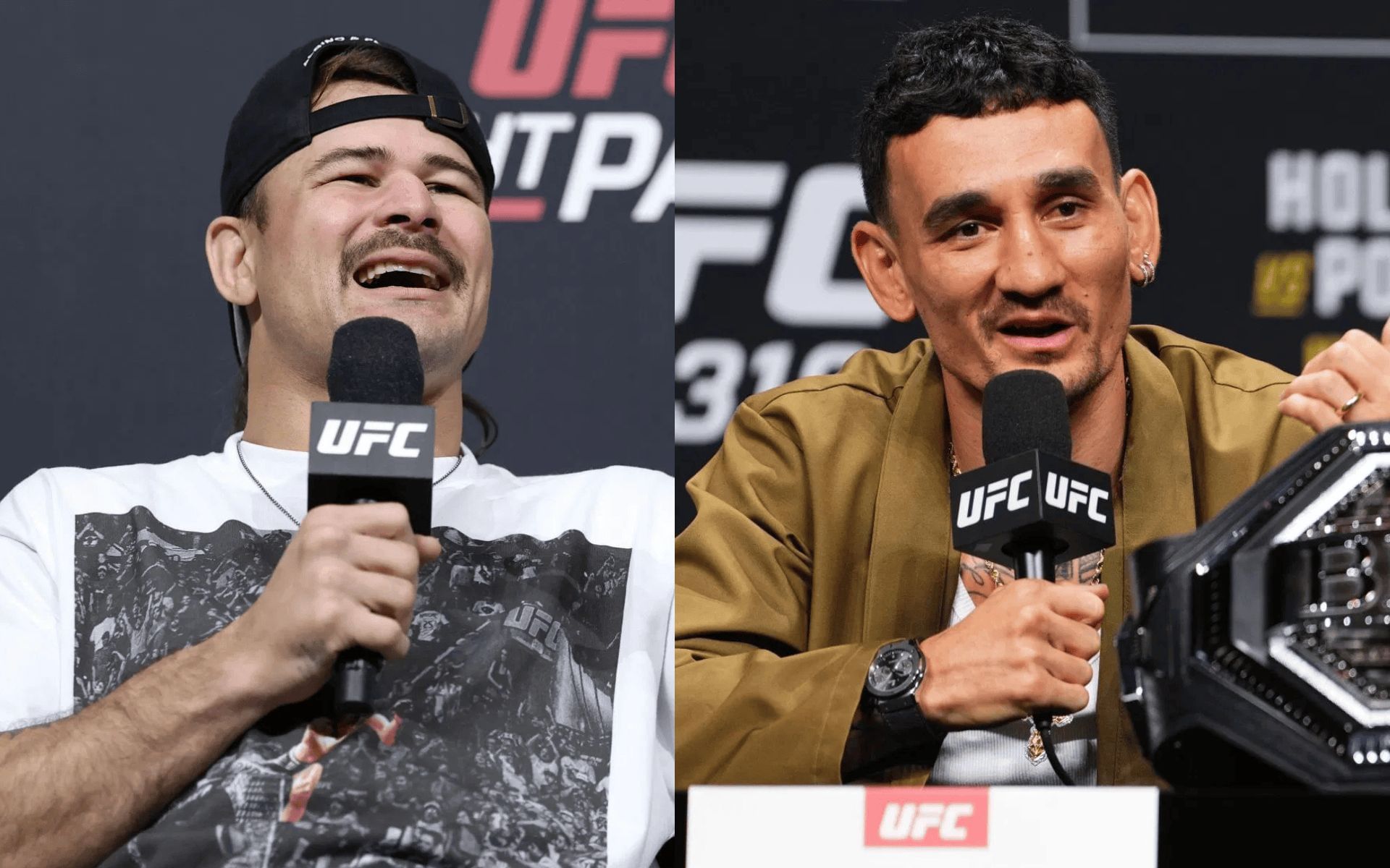Diego Lopes (left) reacts to Max Holloway (right) dismissing Jean Silva callout. [Images courtesy: Getty]