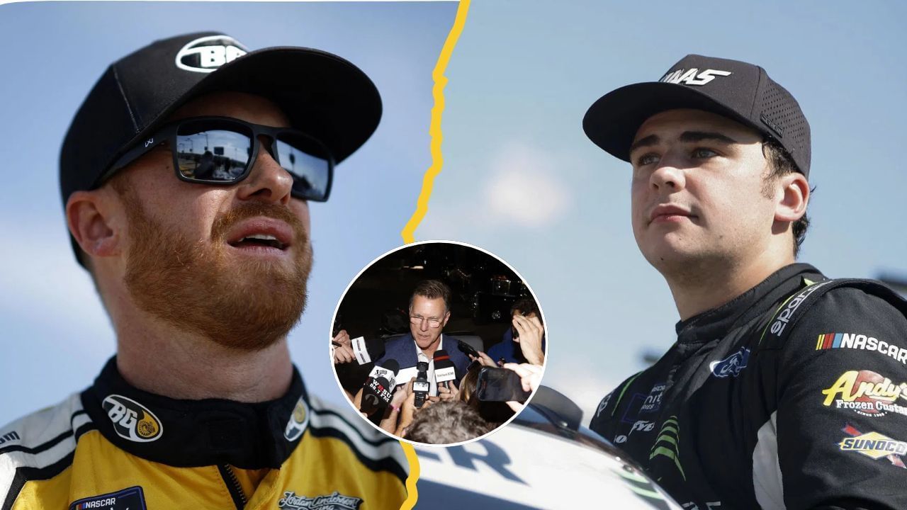 A side-by-side image of (Left) : Jeb Burton, driver of the #27 Onder Law Injury Attorneys Chevrolet, looks on during qualifying for the NASCAR Xfinity Series Kansas Lottery 300 - Qualifying - Source: Getty (Right) Sam Mayer, driver of the #41 Audibel Ford, enters his car during qualifying for the NASCAR Xfinity Series Focused Health 302 at Las Vegas Motor Speedway on October 11, 2025 in Las Vegas, Nevada. (Photo by Logan Riely/Getty Images) and (Inset) Elton Sawyer, NASCAR Senior Vice President of Competition speaks to the media after the NASCAR Cup Series Cook Out 400 at Richmond Raceway on August 11, 2024 in Richmond, Virginia. (Photo by Sean Gardner/Getty Images)
