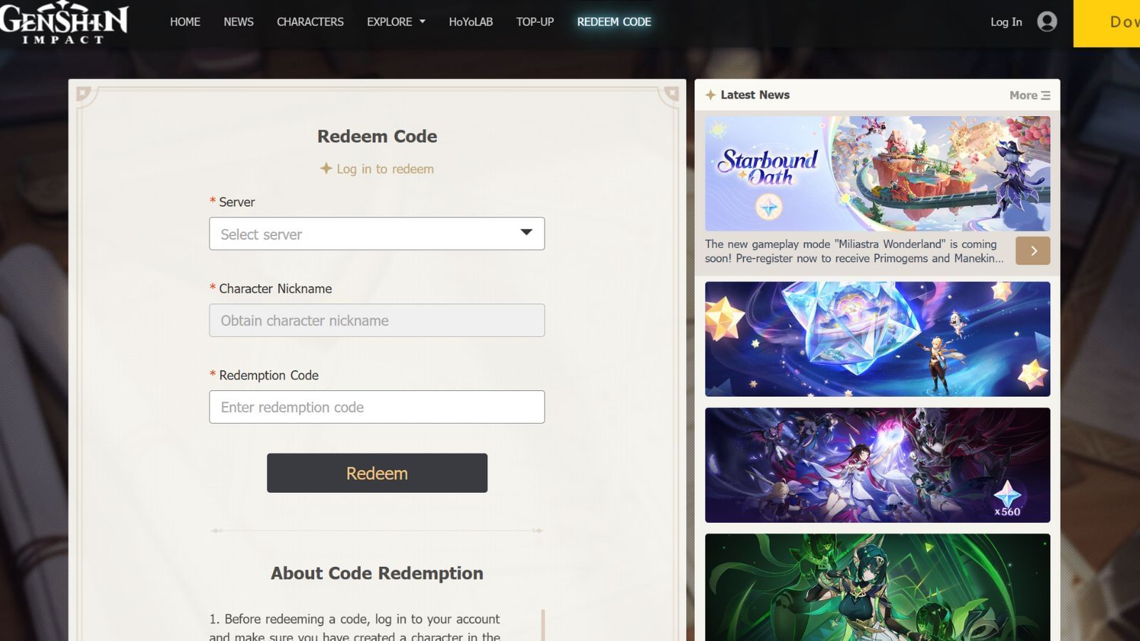 Here&#039;s how to redeem the above codes on the official website of HoYoverse (Image via HoYoverse)