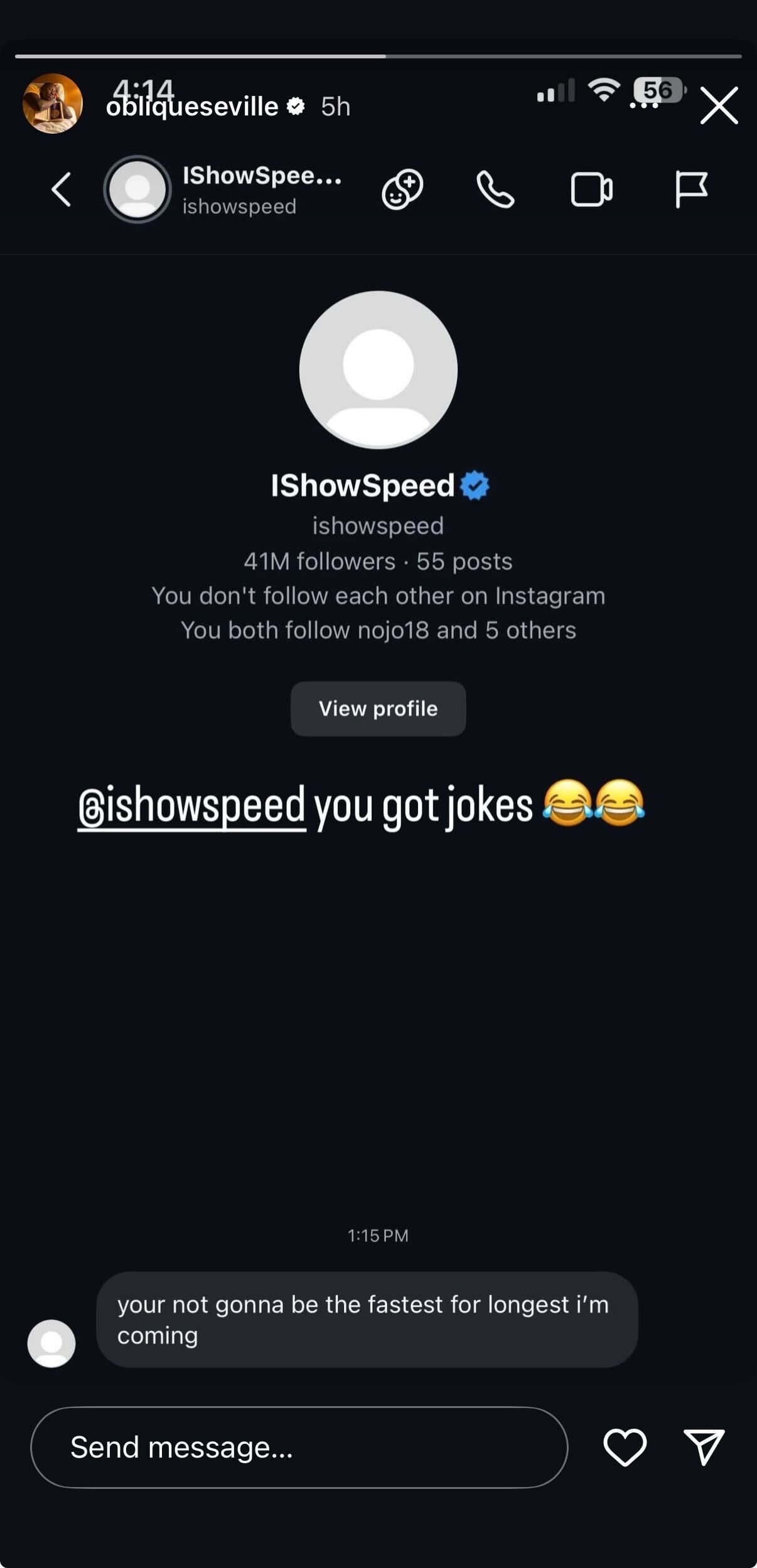 Seville responds to IShowSpeed | Instagram@obliqueseville