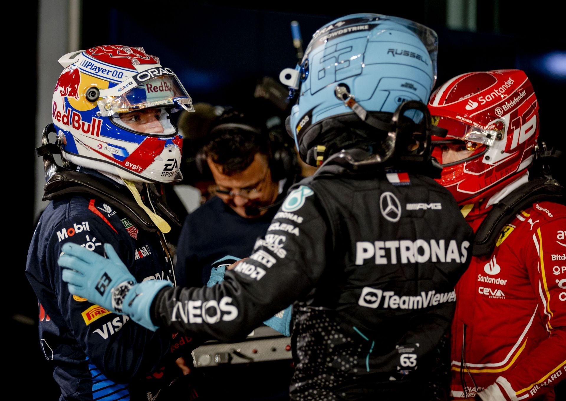 Max Verstappen (L), George Russell, and Charles Leclerc (R) after the qualifying for the 2024 F1 Grand Prix of Bahrain - Source: Getty