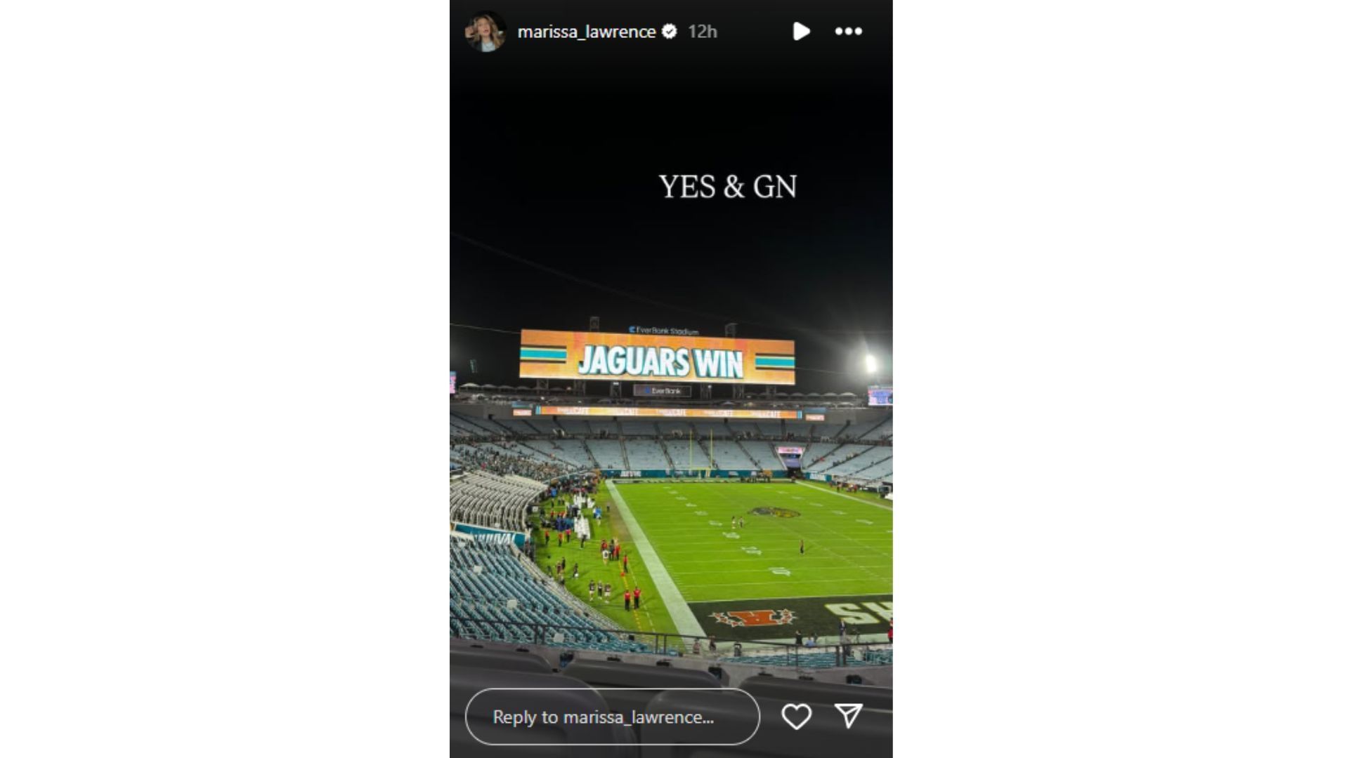 Marissa Lawrence shared a short response to Jaguars win. (Photo via Marissa Lawrence&#039;s Instagram Story)