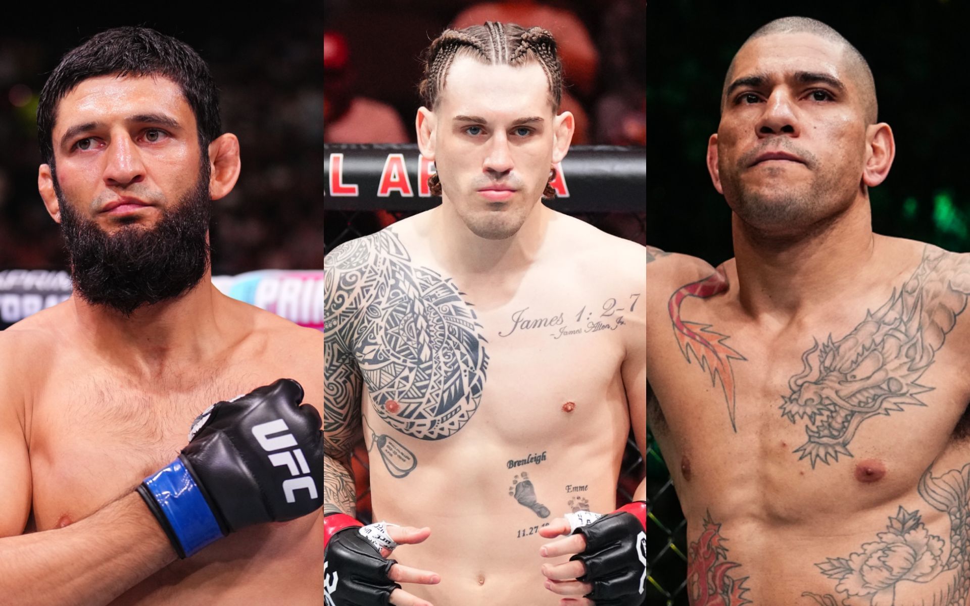 Brendan Allen (middle) talks Khamzat Chimaev (left) calling out Alex Pereira (right). [Images courtesy: Getty Images]