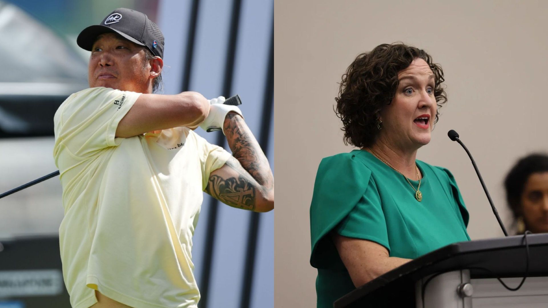 Anthony Kim (on left) and former US Representative Katie Porter (on right) / Source: Getty Images