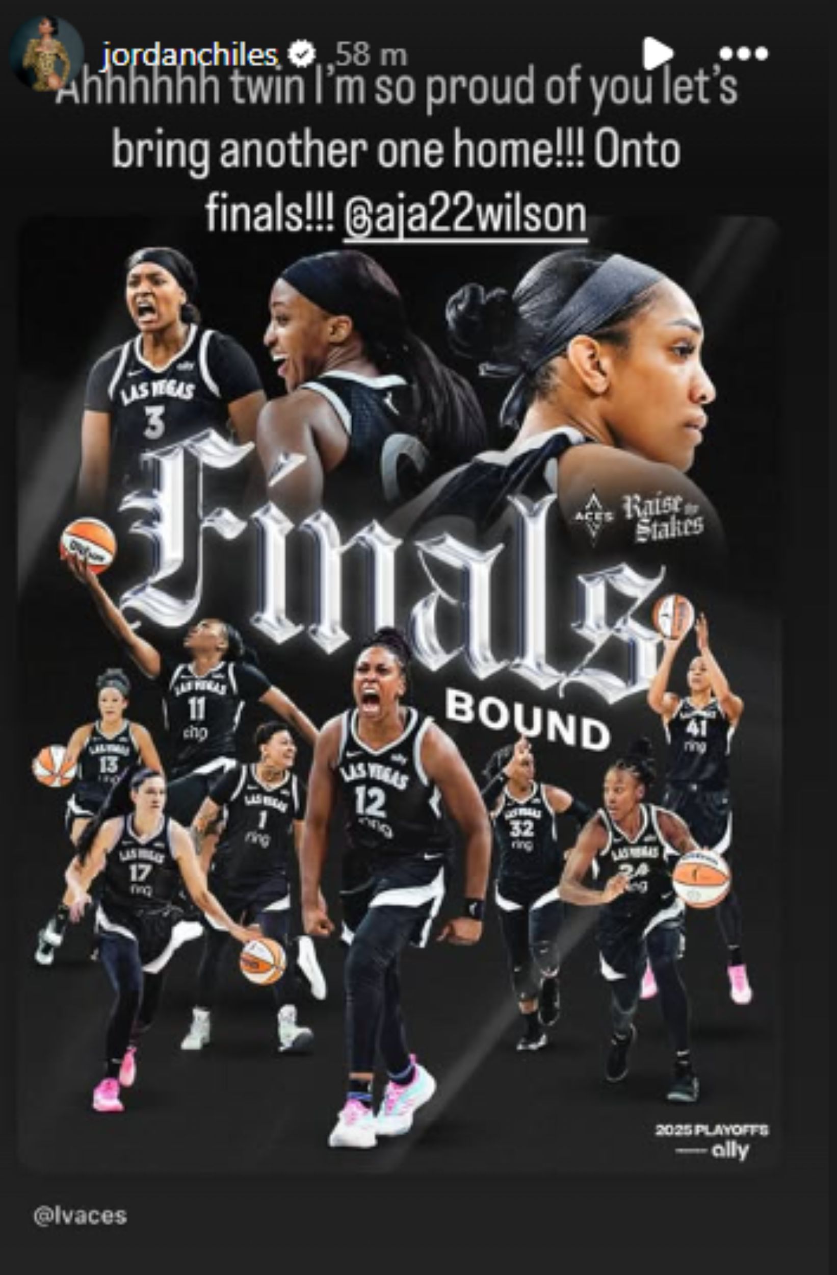 Screengrab of Jordan Chiles&#039; post on A&#039;ja Wilson&#039;s team Las Vegas Aces reaching the WNBA finals [Image Source : Jordan Chiles&#039; Instagram] 