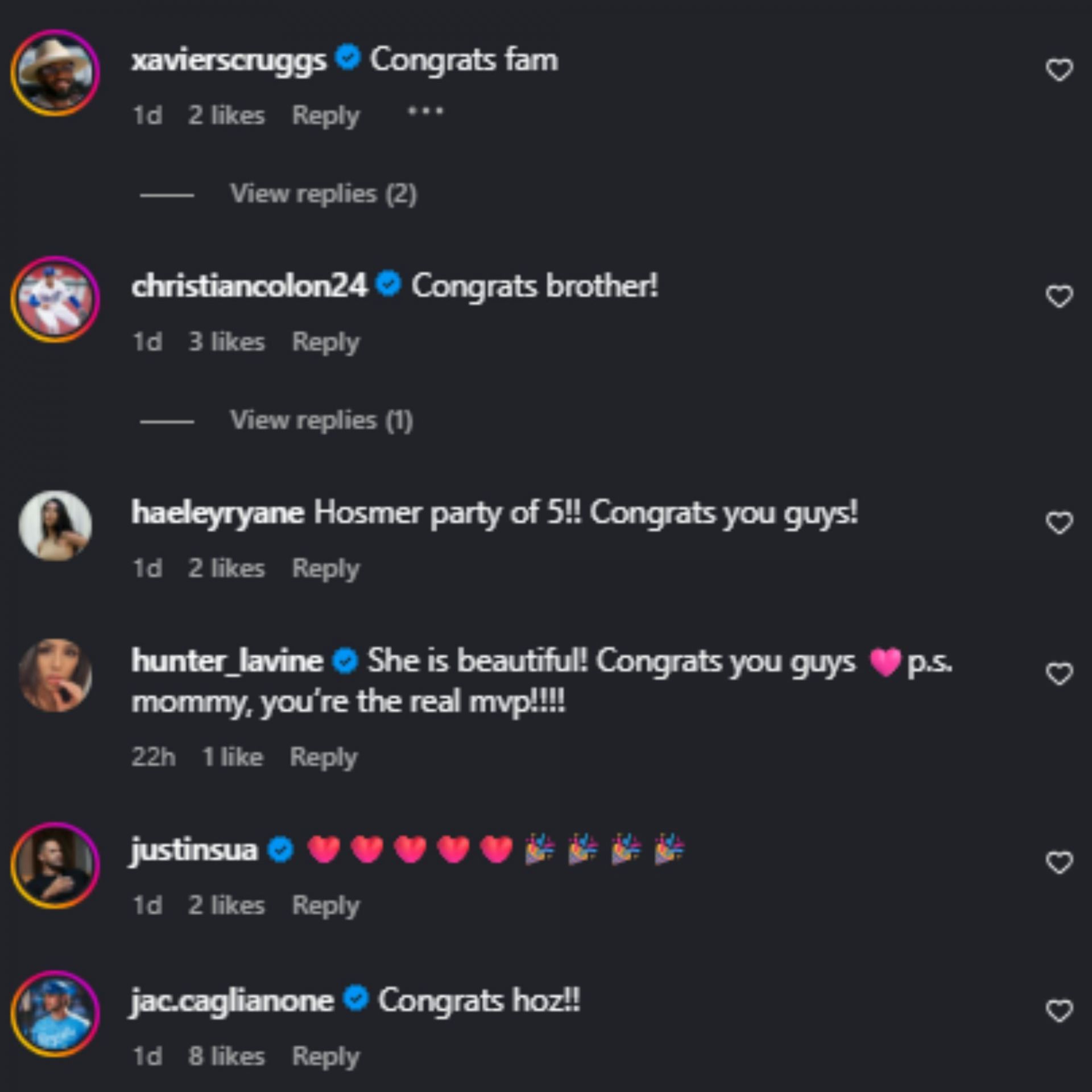 Screenshot of comments [Image Source: Instagram/hosmer305]