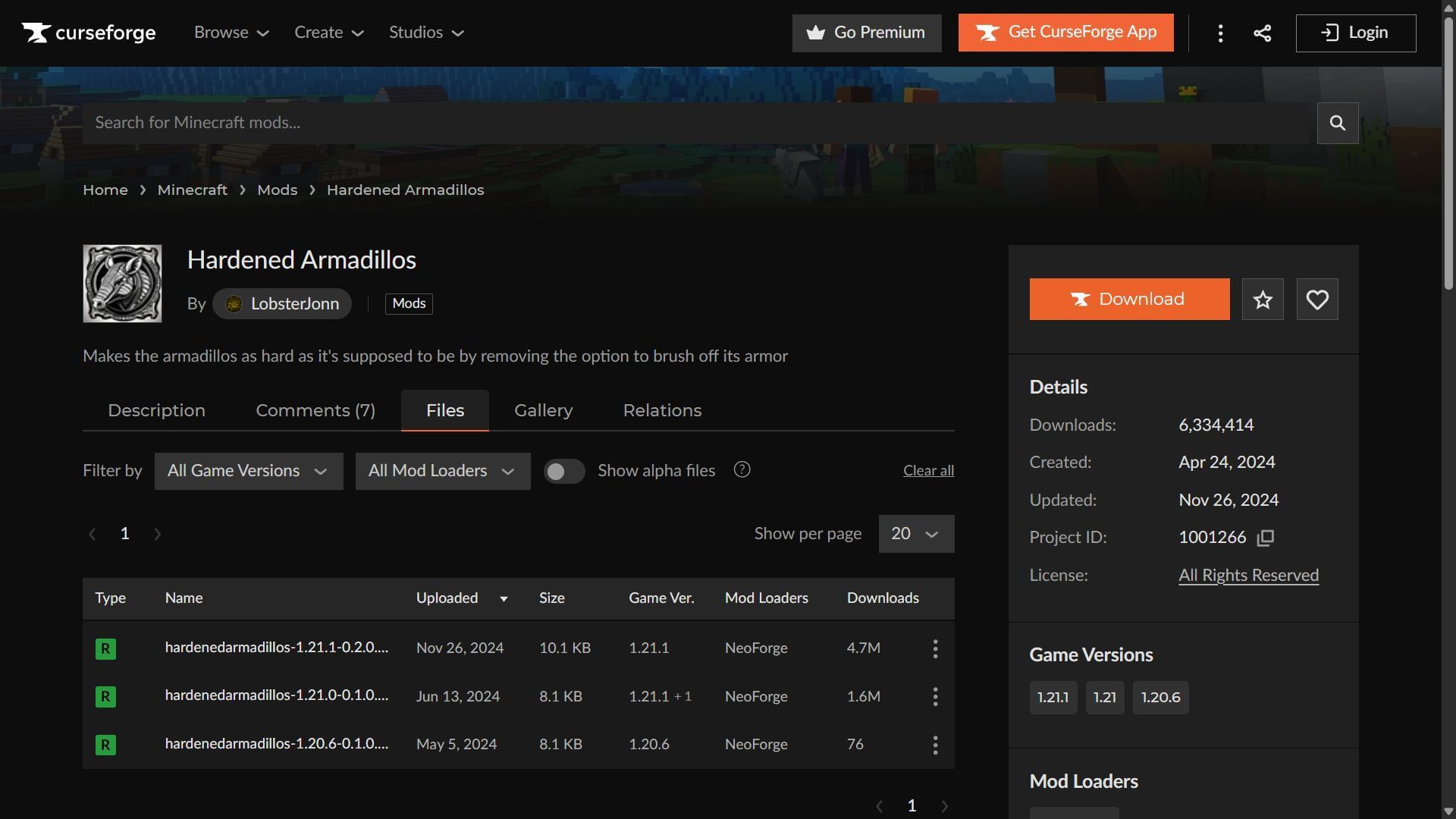 Hardened Armadillos can be easily downloaded from CurseForge (Image via CurseForge/LobsterJonn)