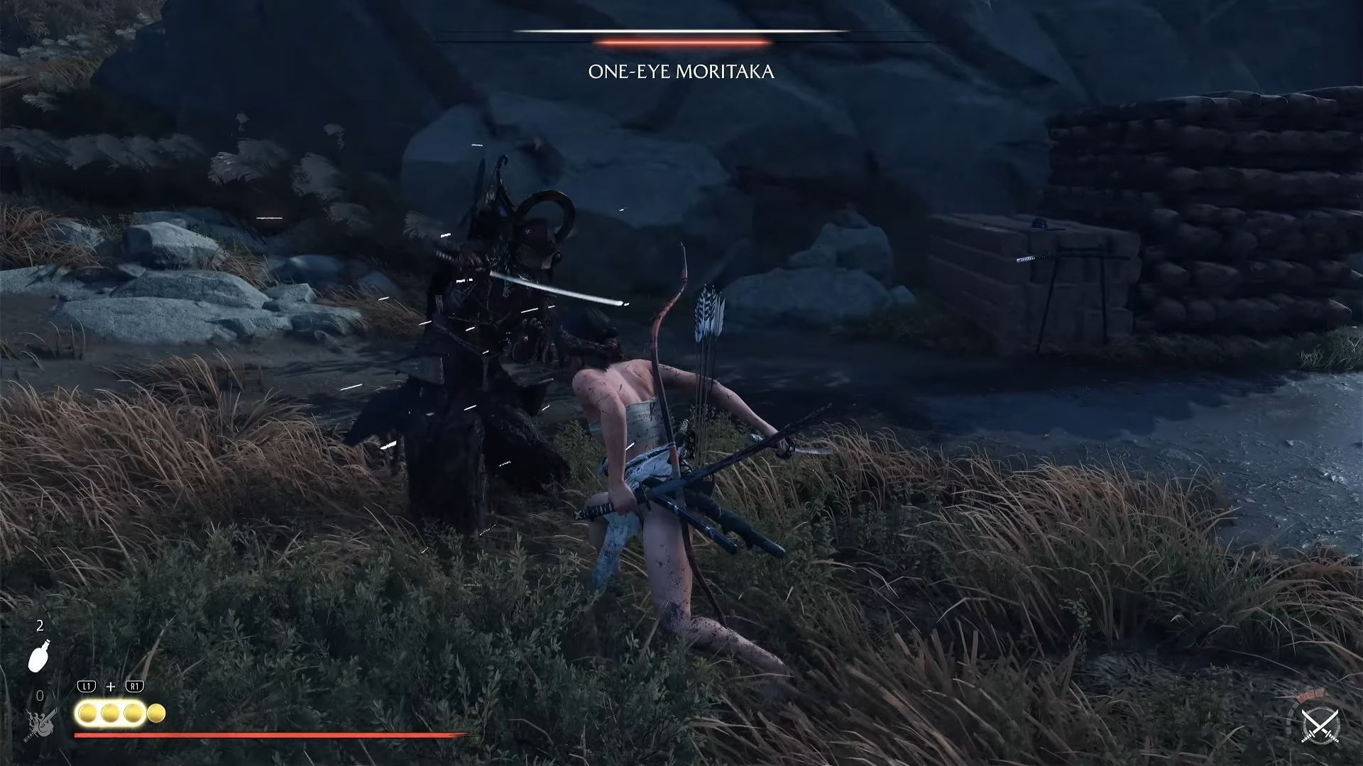 The standard way to beat One-Eye Moritaka (Image via Sucker Punch || Youtube@/WoW Quests)