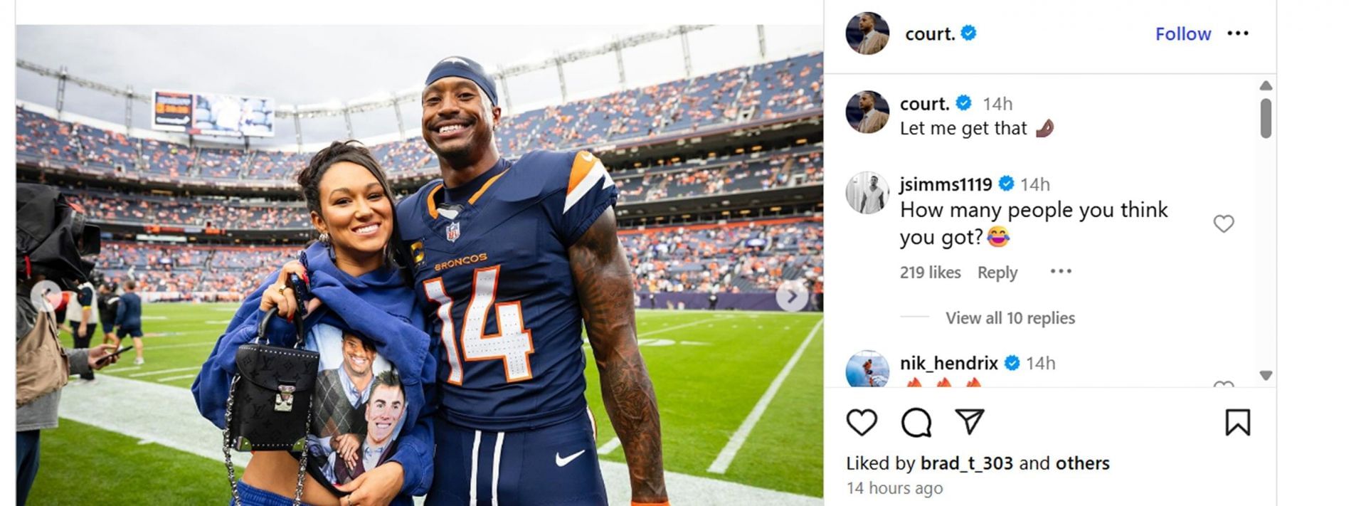 Courtland Sutton&#039;s wife Brea shows off Louis Vuitton bag /@court.