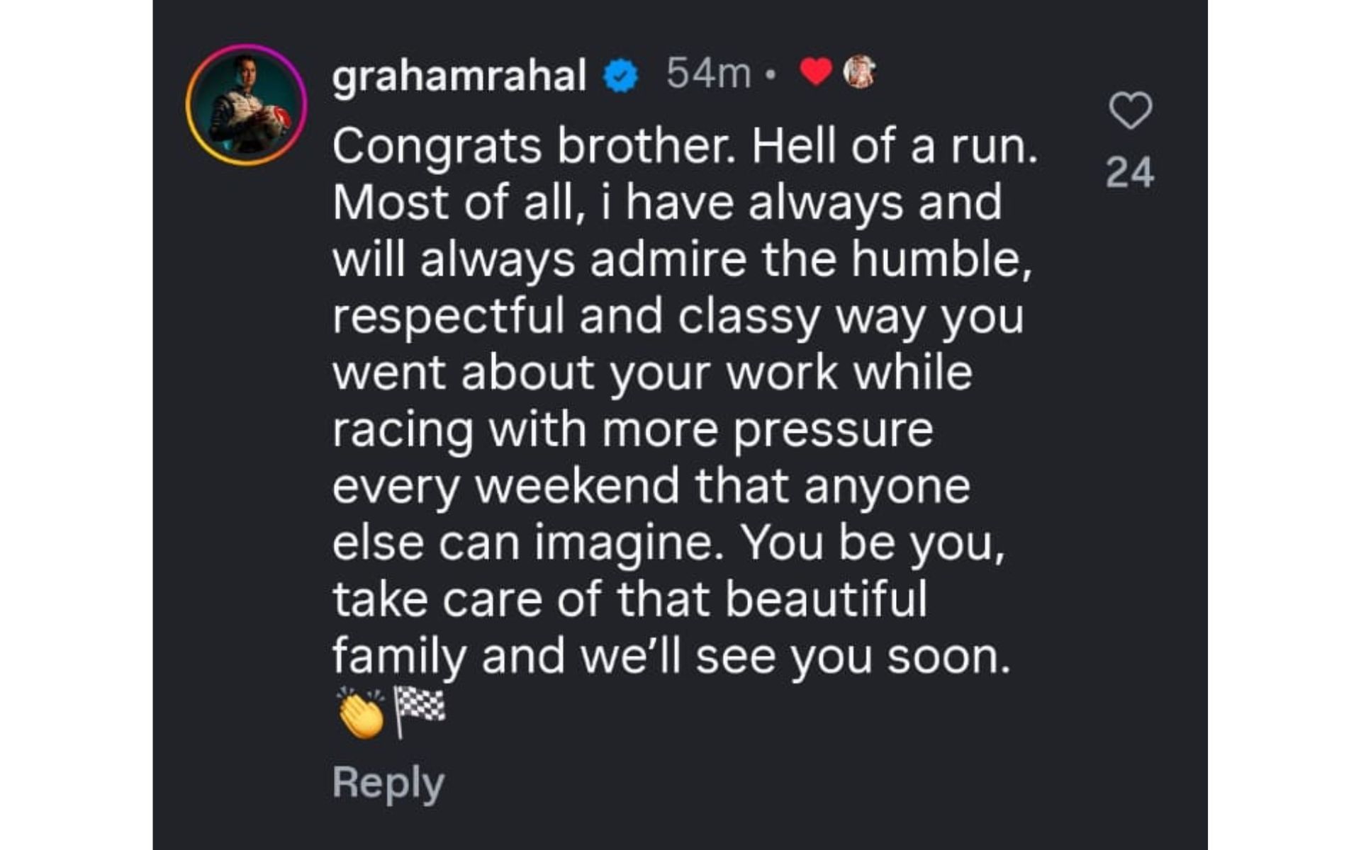 Graham Rahal&#039;s comment on Andretti&#039;s Instagram post | Source: Instagram
