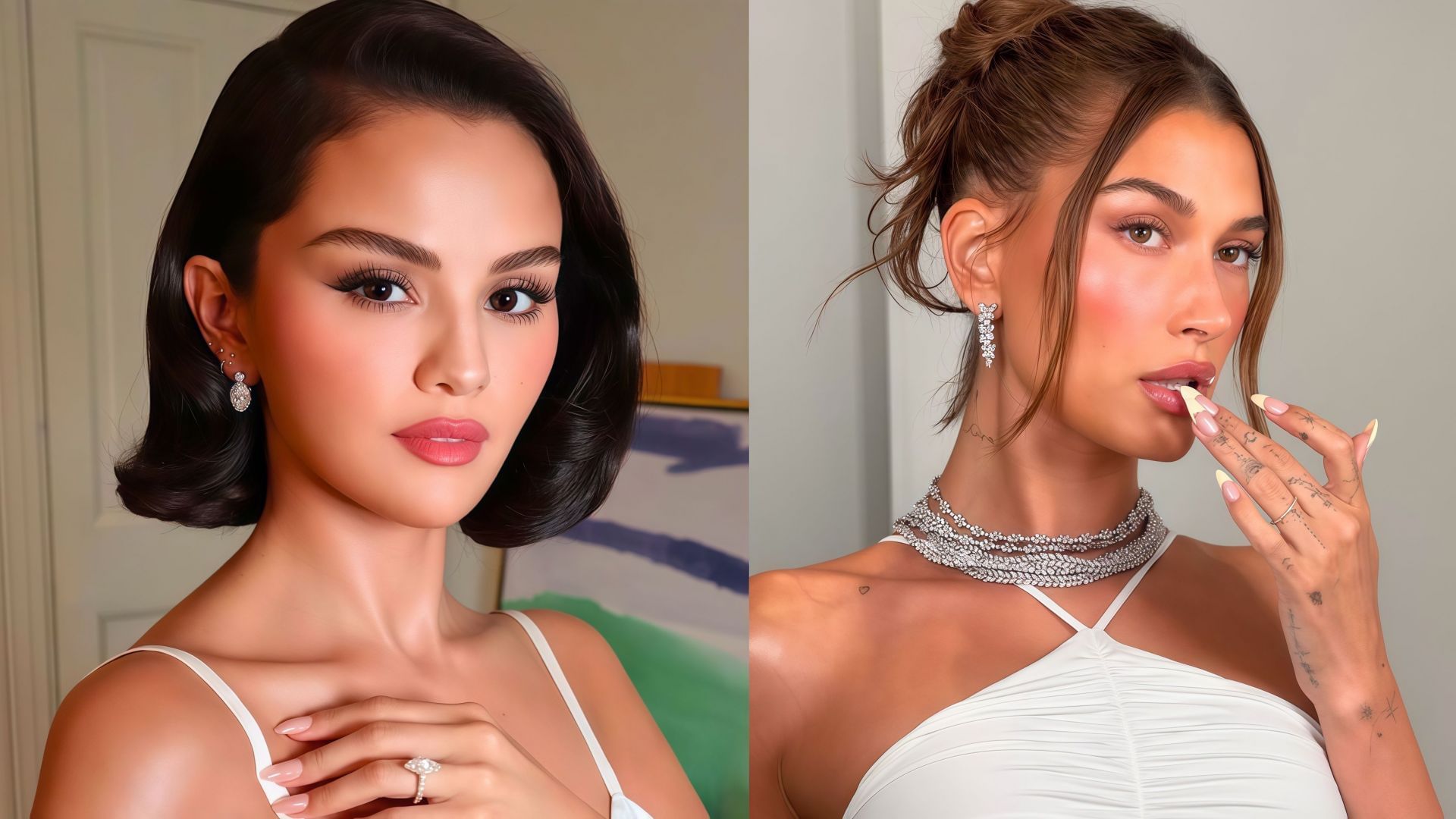 Selena Gomez addressing false claims that Hailey Bieber dissed her brand (image via Instagram/ @haileybieber, @selenagomez )