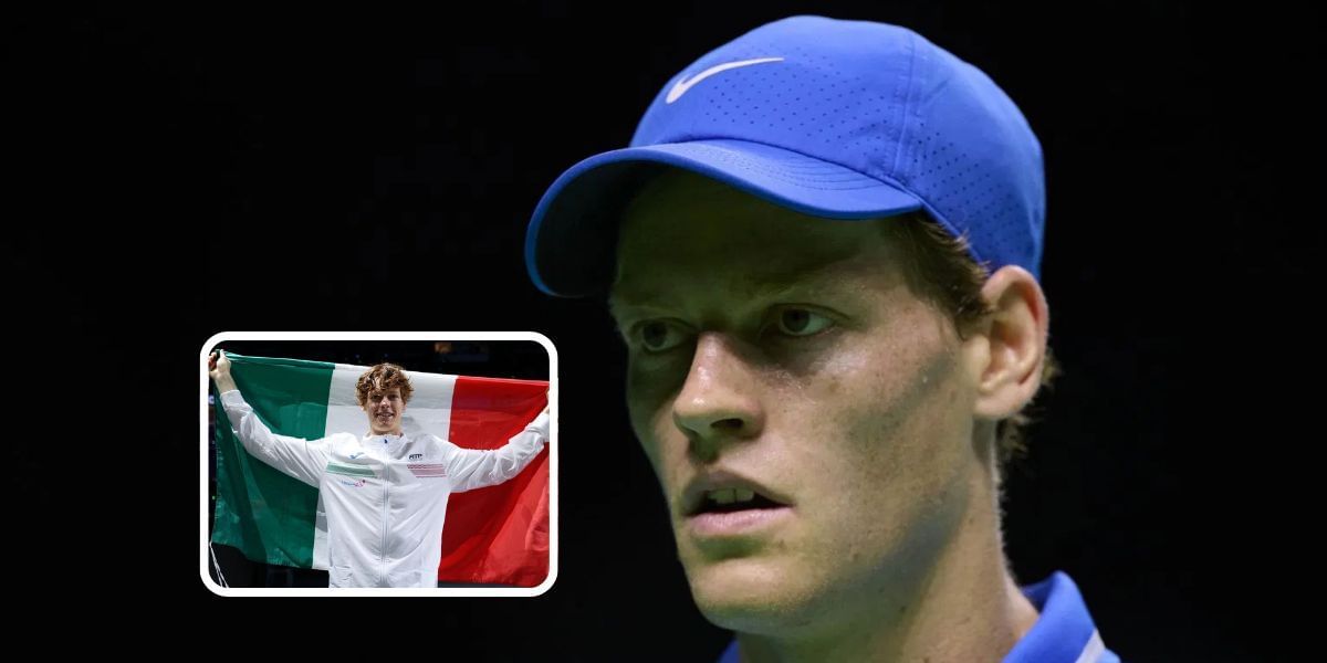 Jannik Sinner at the 2024 Davis Cup Finals (background), Sinner at the 2023 Davis Cup Finals (inset), Sources: Getty