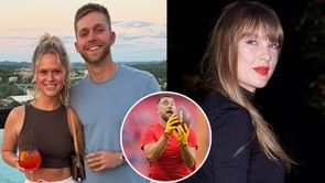 Taylor Swift parties with Travis Kelce’s cousin Tanner Corum and his wife Samantha in retro Chiefs black jersey after TE's Week 6 win over Lions