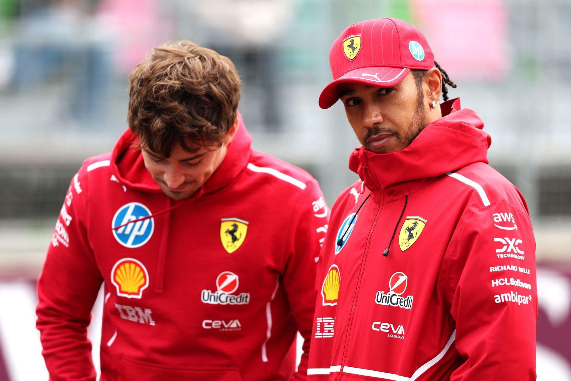 Charles Leclerc and Lewis Hamilton of Scuderia Ferrari at the Baku City Circuit. Source: Getty