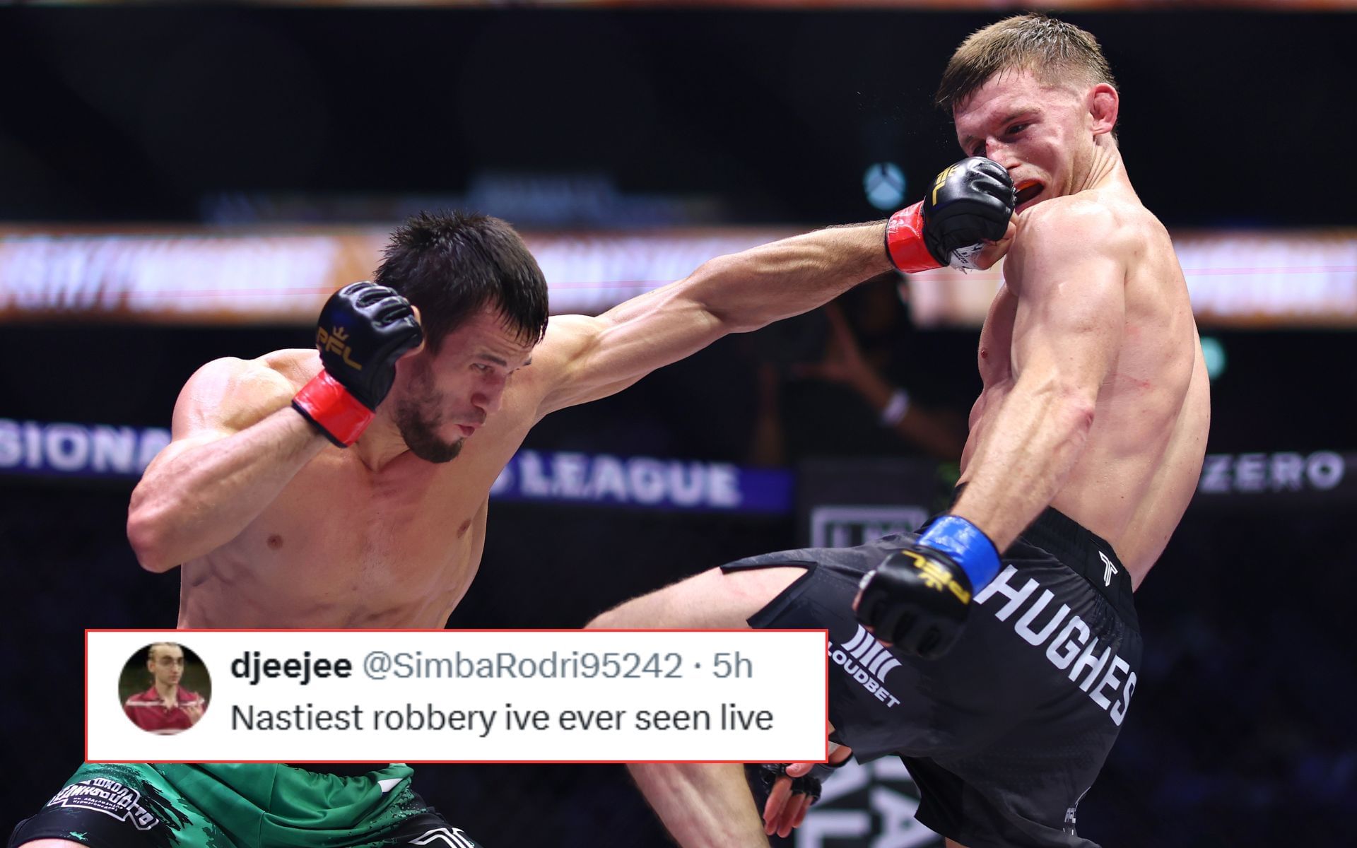 Usman Nurmagomedov (left) and Paul Hughes (right) exchange punches during their rematch. [Images courtesy: Getty Images]
