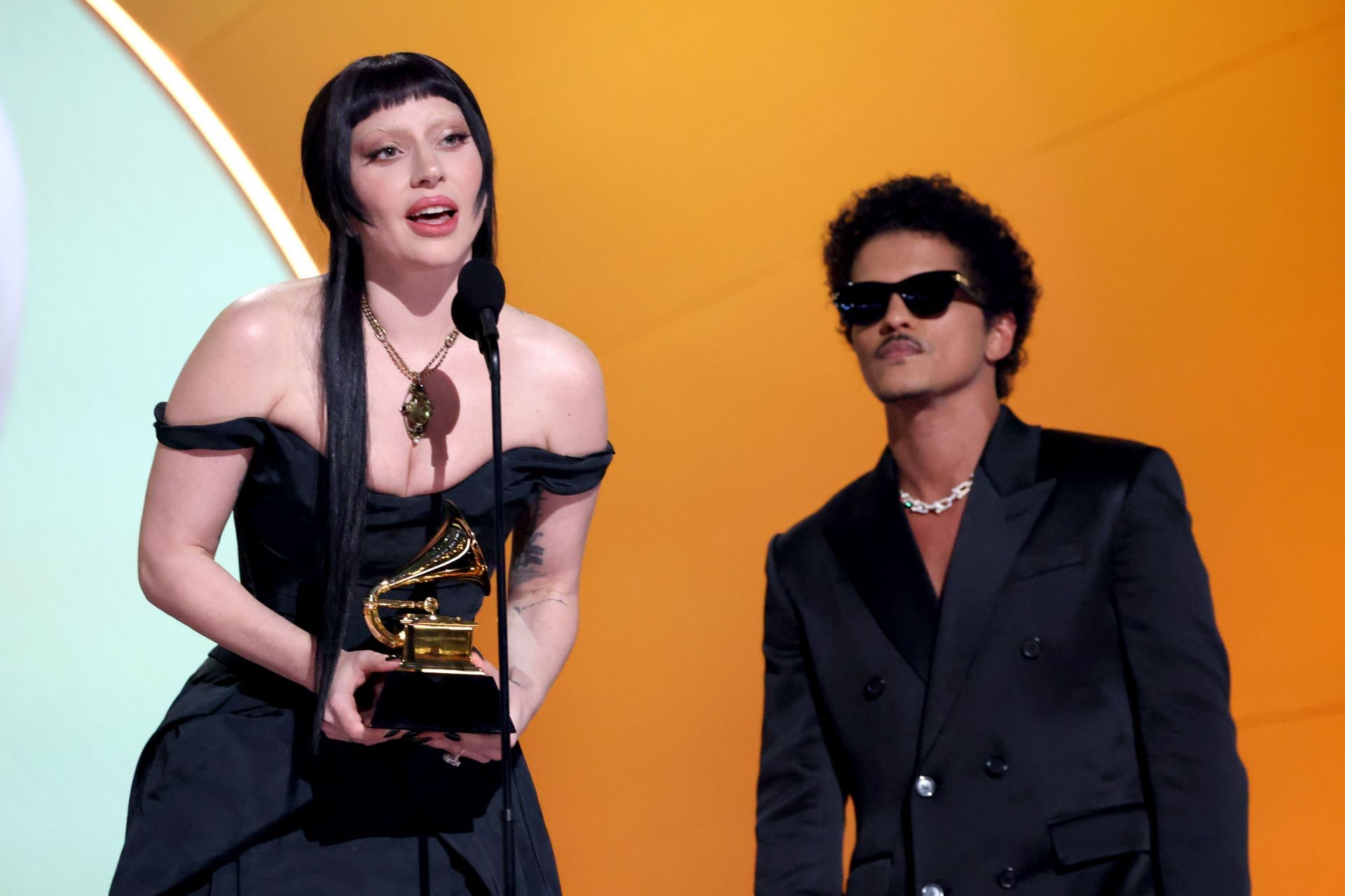 Lady Gaga and Bruno Mars accept the Best Pop Duo/Group Performance Award for &quot;Die with a Smile&quot; onstage during the 67th Annual GRAMMY Awards, 2025 (Image via Getty)