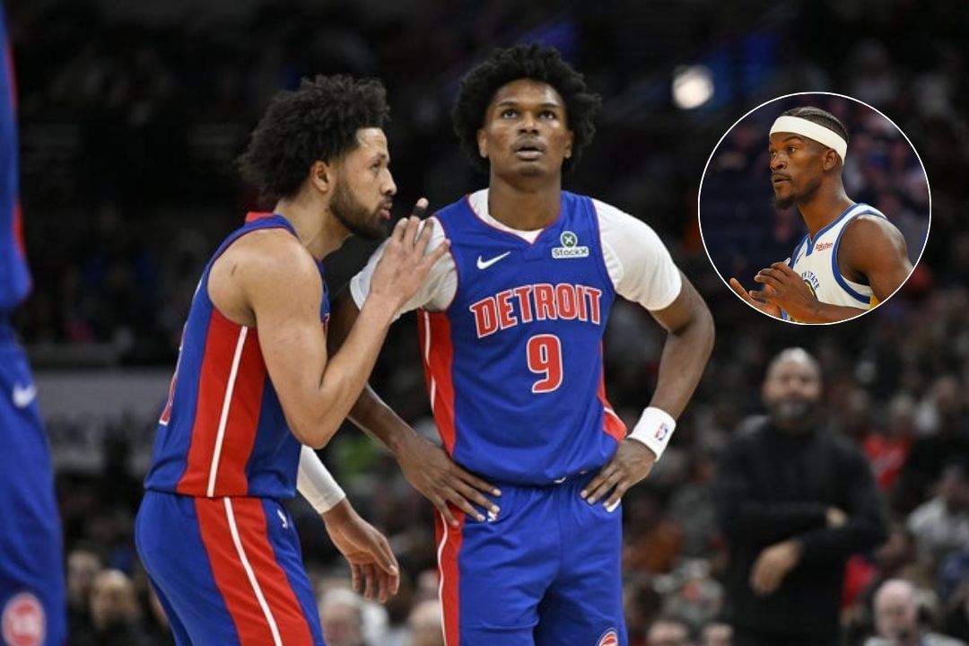 Cade Cunningham and Ausar Thompson communicate with one another during a preseason game, Jimmy Butler during a preseason game for the Golden State Warriors