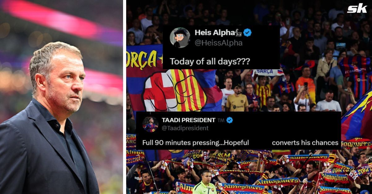 L to R: Hansi Flick and Barcelona fans (Images via Getty and X/@