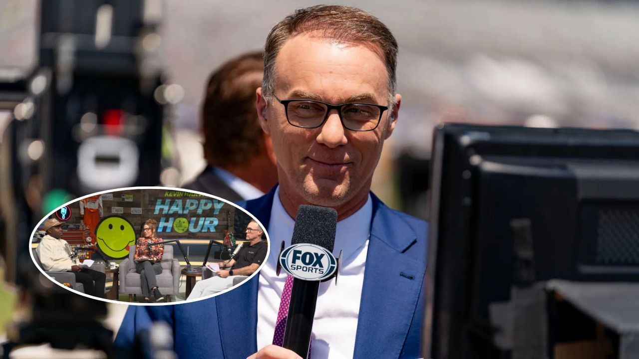 Broadcast announcer and Nascar legend Kevin Harvick smiles before the NASCAR Cup Series Autotrader EchoPark Automotive 400 on April 14, 2024 at Texas Motor Speedway in Fort Worth, TX. (Photo by Chris Leduc/Icon Sportswire via Getty Images) (Inset) Kevin Harvick, Kaitlyn Vincie, and Mamba Smith in Kevin Harvick&rsquo;s Happy Hour podcast Source: @nascarcasm via X