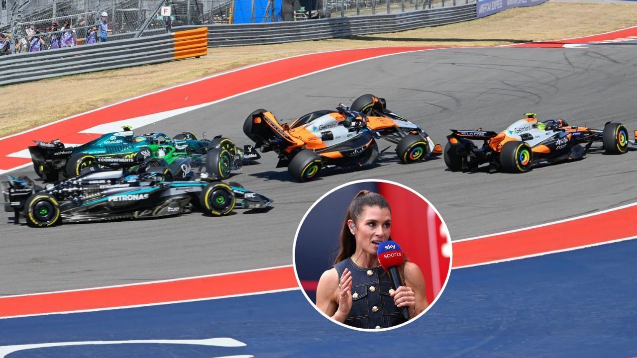 (BG) McLaren Formula 1 Team driver Oscar Piastri (81) of Australia goes airborne after being hit by Stake F1 Team Kick Sauber driver Nico Hulkenberg (27) of Germany in turn one during the Sprint race of the Formula 1 MSC Cruises United States Grand Prix on October 18, 2025, at Circuit of the Americas in Austin, Texas. (Photo by Ken Murray/Icon Sportswire via Getty Images) (Inset) AUSTIN, TEXAS - OCTOBER 18: Danica Pa prior to Qualifying ahead of the F1 Grand Prix of United States at Circuit of The Americas on October 18, 2025 in Austin, Texas. (Photo by Meg Oliphant/Getty Images)