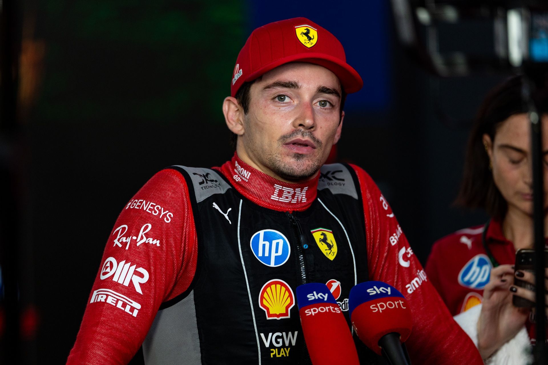 Ferrari&#039;s Charles Leclerc in the media pen after the 2025 F1 Grand Prix of Singapore - Source: Getty