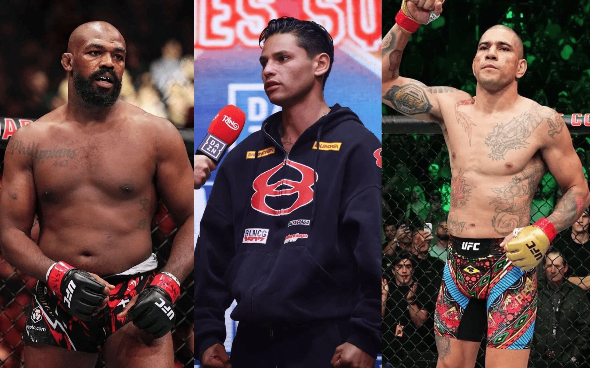 Ryan Garcia (middle) pushes for Jon Jones (left) vs. Alex Pereira (right) fight. [Images courtesy: Getty]