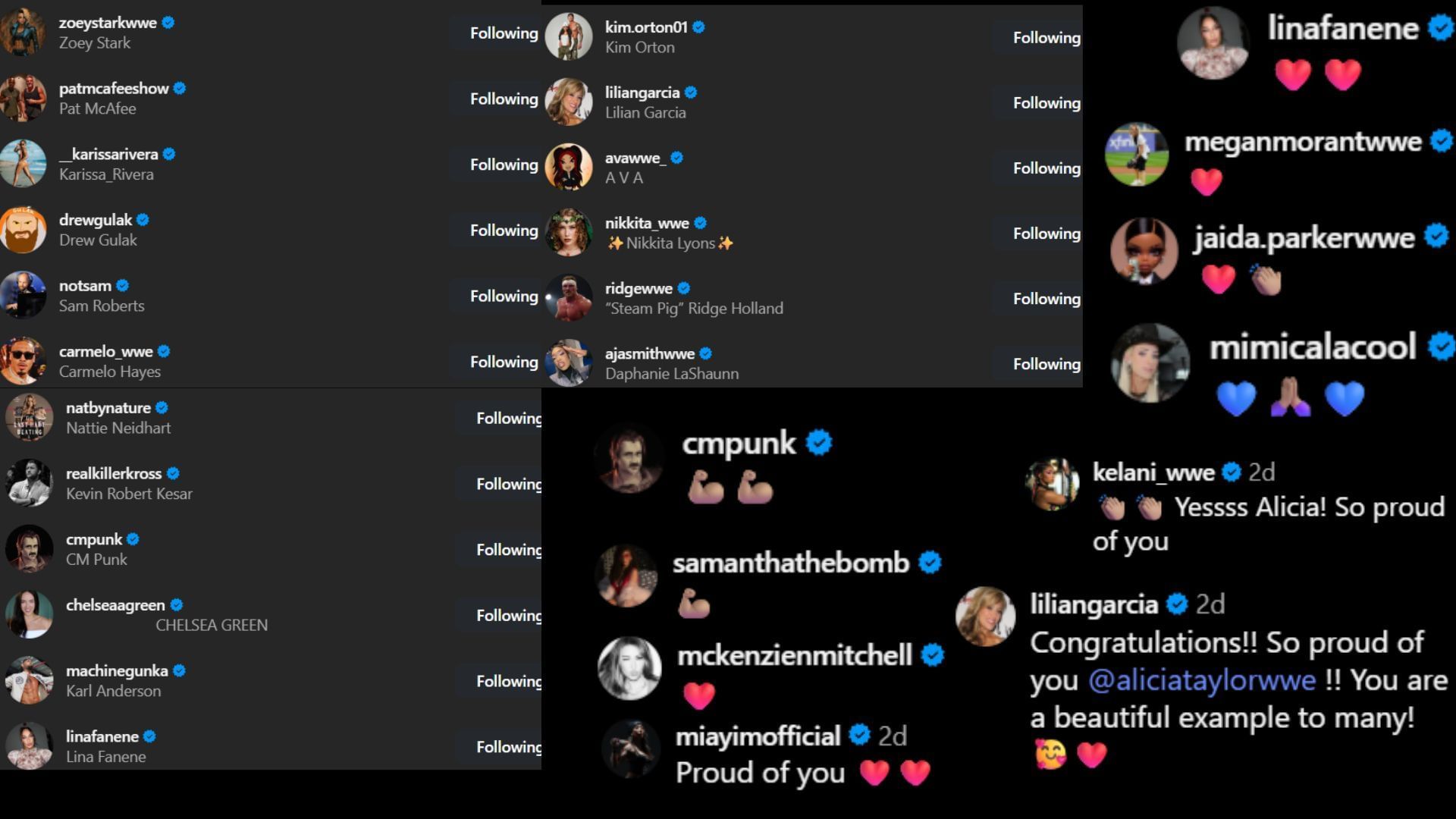 Screenshots of stars&#039; likes and comments [Image credit: Alicia Taylor&#039;s Instagram]