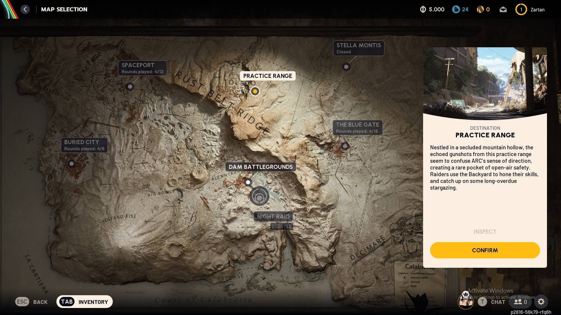 Map Selection section to access the Practice Range (Image via Embark Studios || Sportskeeda Gaming)