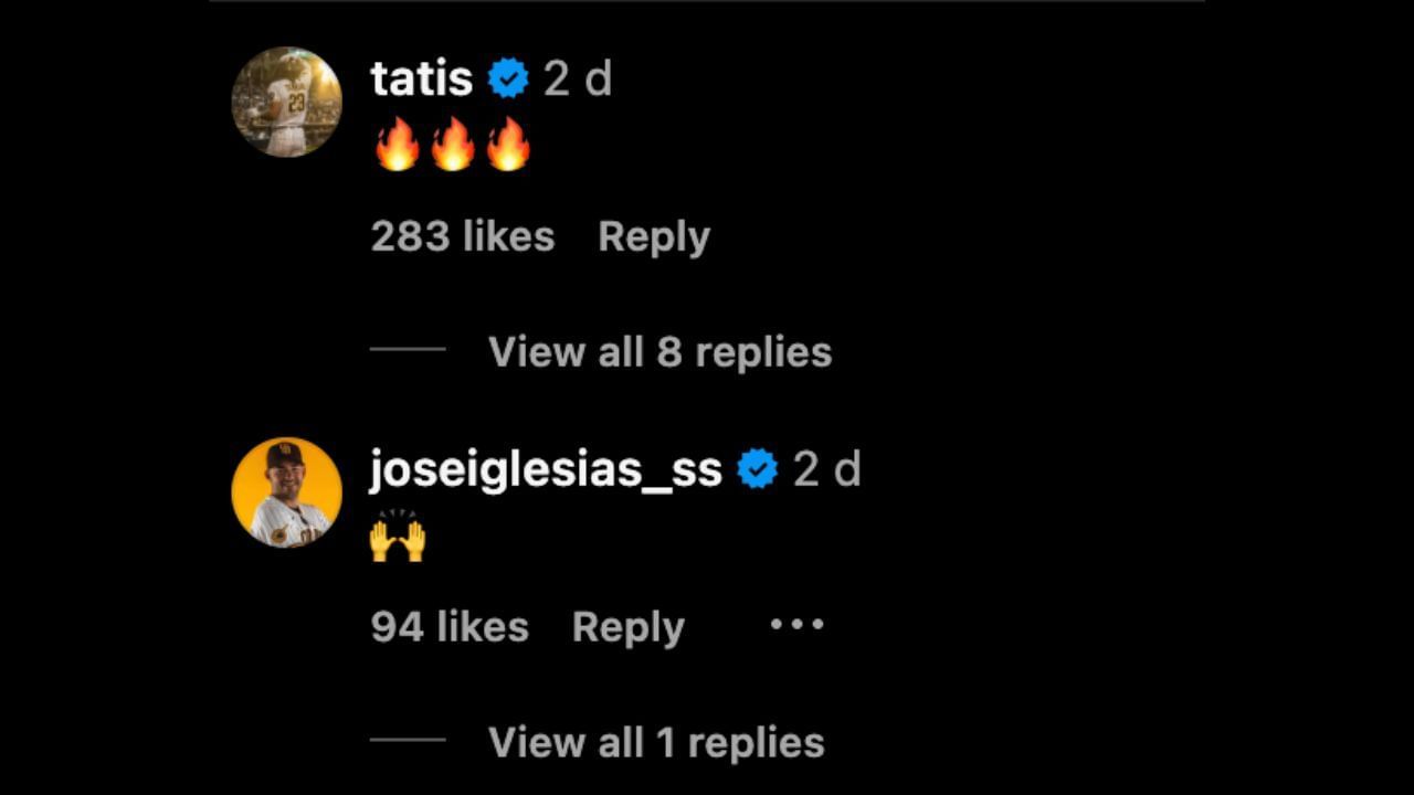 Screenshot of Fernando Tatis Jr. and Jose Iglesias&#039; comments on O&#039;Hearn&#039;s Instagram post (Images from - Instagram.com/@brohearn)
