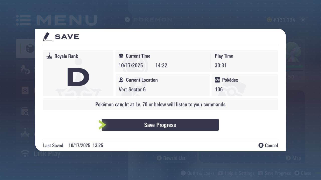 Obedience level in the Save Screen (Image via SK Gaming || The Pokemon Company)