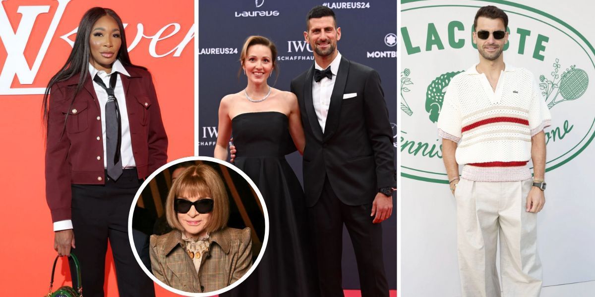 Venus Williams, Jelena Djokovic and Grigor Dimitrov pose with Anna Wintour (Image Source: Getty)