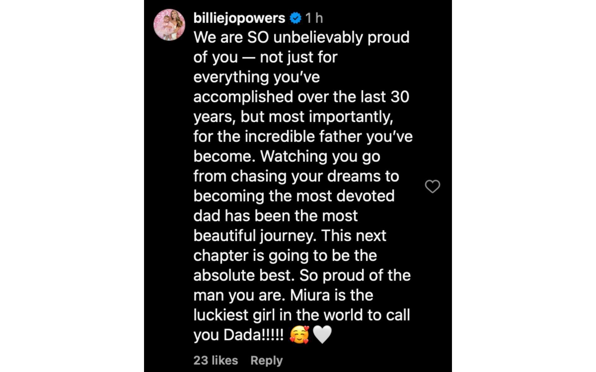 Billie Jo Powers&#039; comment on Marco Andretti&#039;s Instagram story | Source: Instagram