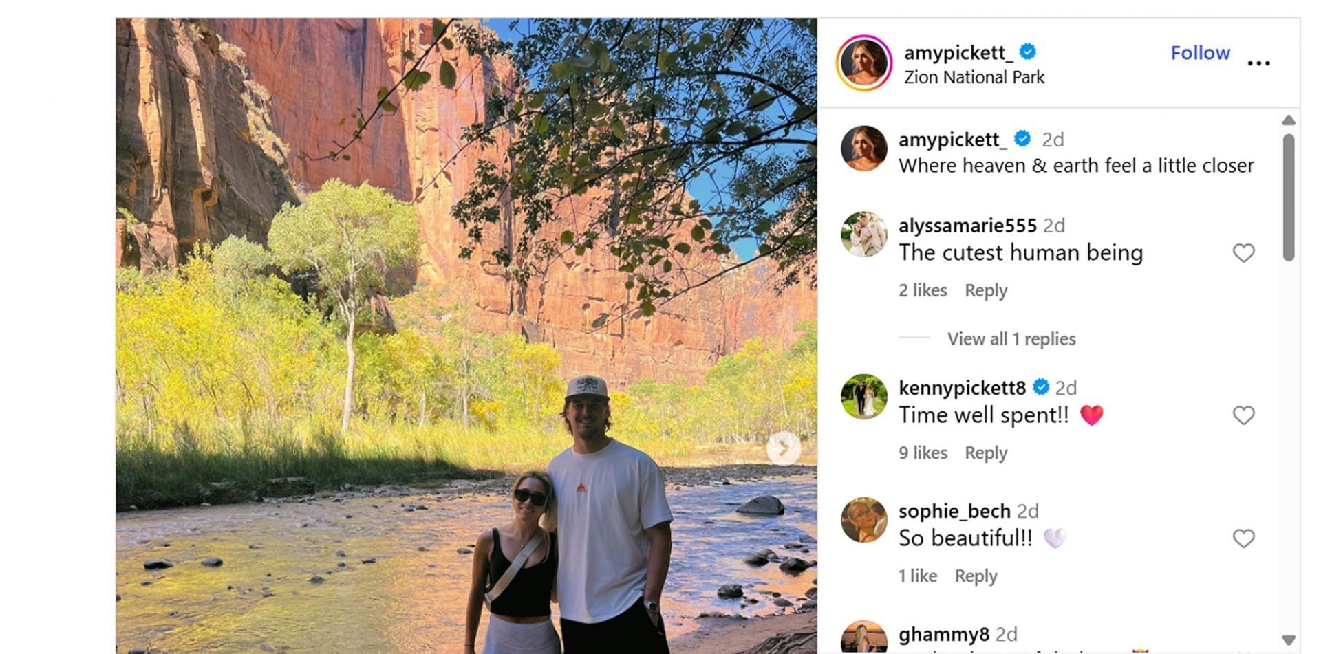 Raiders QB Kenny Pickett with wife Amy at Zion National Park/@amypickett_
