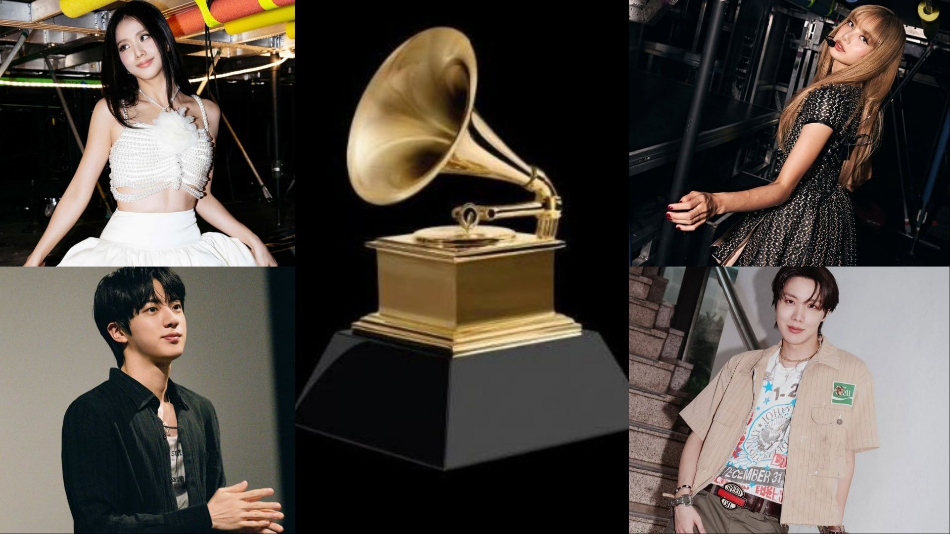 BTS&rsquo; Jin, j-hope and BLACKPINK&rsquo;s Lisa, Jisoo (Image via Instagram/@jin, @uarmyhope, @lalalalisa_m, @sooyaaa__, X/@RecordingAcad)