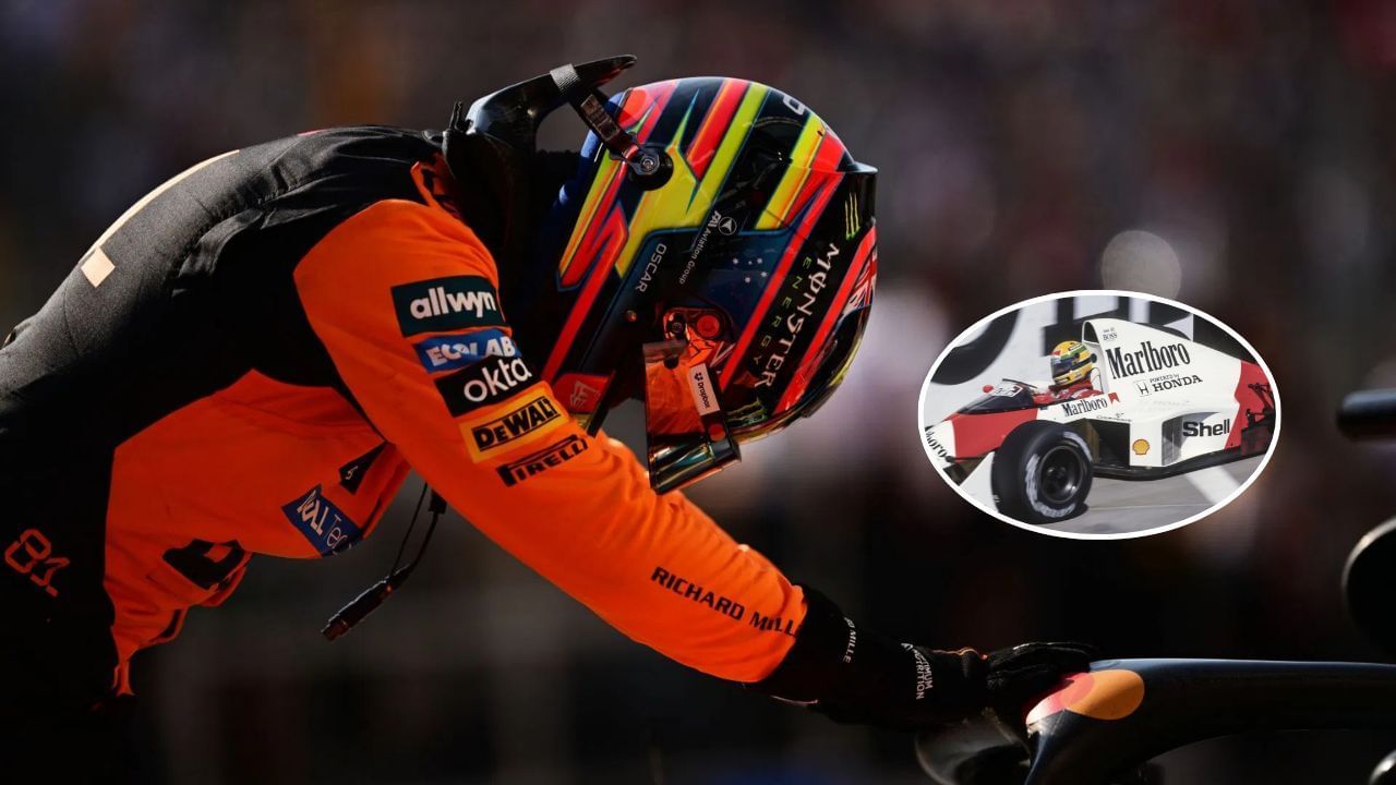 (Background) Third placed qualifier Oscar Piastri of Australia and McLaren arrives in parc ferme during qualifying ahead of the F1 Grand Prix of Canada at Circuit Gilles-Villeneuve on June 14, 2025 in Montreal, Quebec. (Photo by Mario Renzi - Formula 1/Formula 1 via Getty Images) and (Inset) Ayrton Senna of Brazil and the McLaren-Honda team rounds a corner during the Formula One United States Grand Prix held in Phoenix, Arizona in March 1989. (Photo by David Madison/Getty Images)