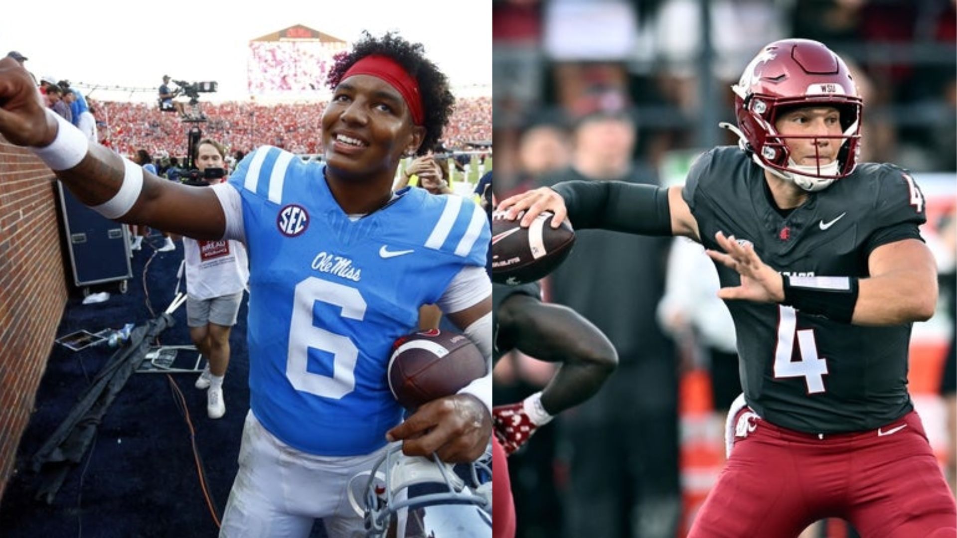 Ole Miss quarterback Trinidad Chambliss (left) squares off with Washington State QB Zevi Eckhaus (right) on Saturday at Vaught-Hemingway Stadium in Oxford, Mississippi. (Image Source: IMAGN)