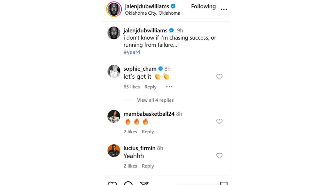 Sophie Cunningham reacting to Jalen Williams&#039; IG post on Tuesday. [photo: @jalendubwilliams/IG]