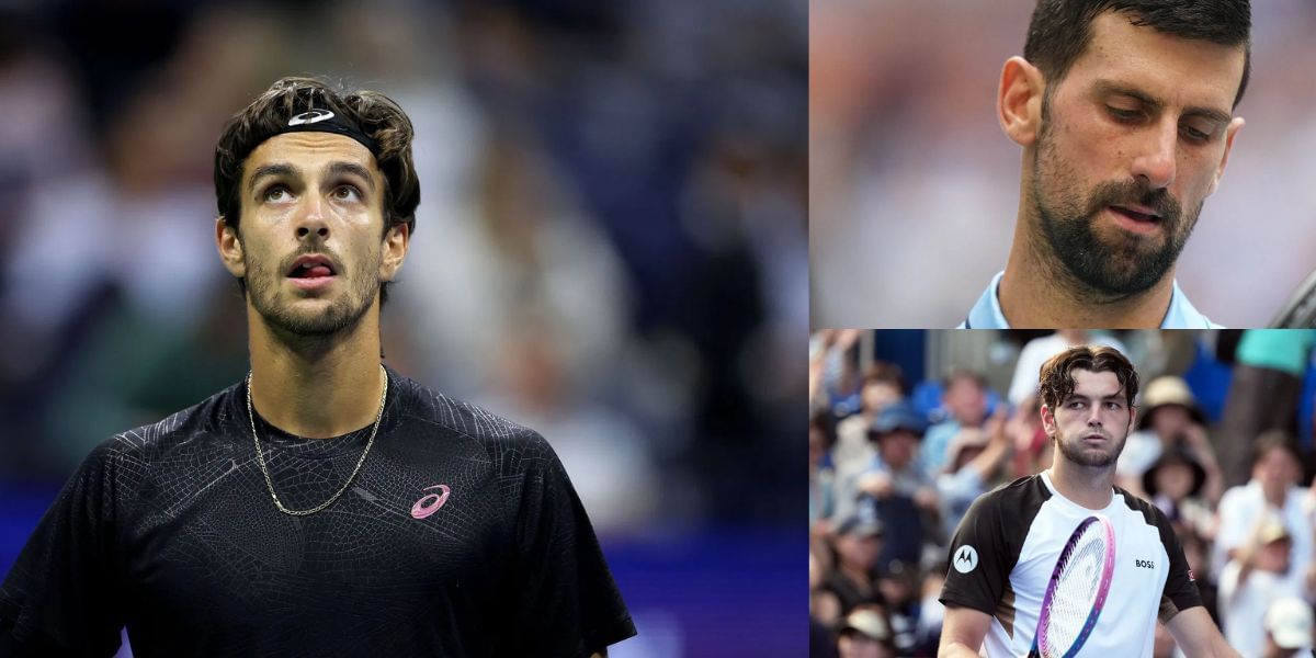 Lorenzo Musetti, Novak Djokovic, and Taylor Fritz. (Images by Getty)