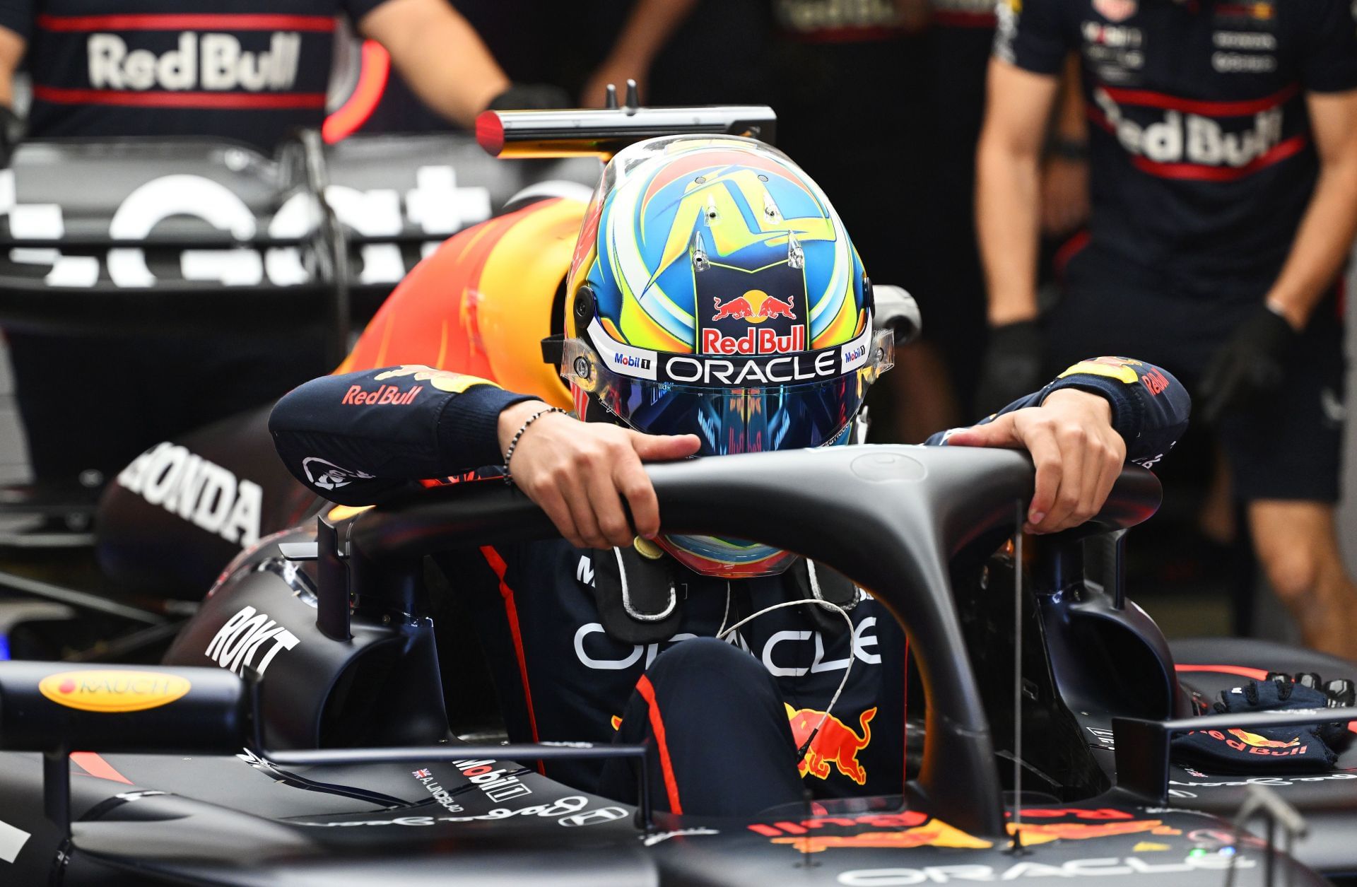 Arvid Lindblad steps into the RB21 during Mexican GP FP1 Source: Getty