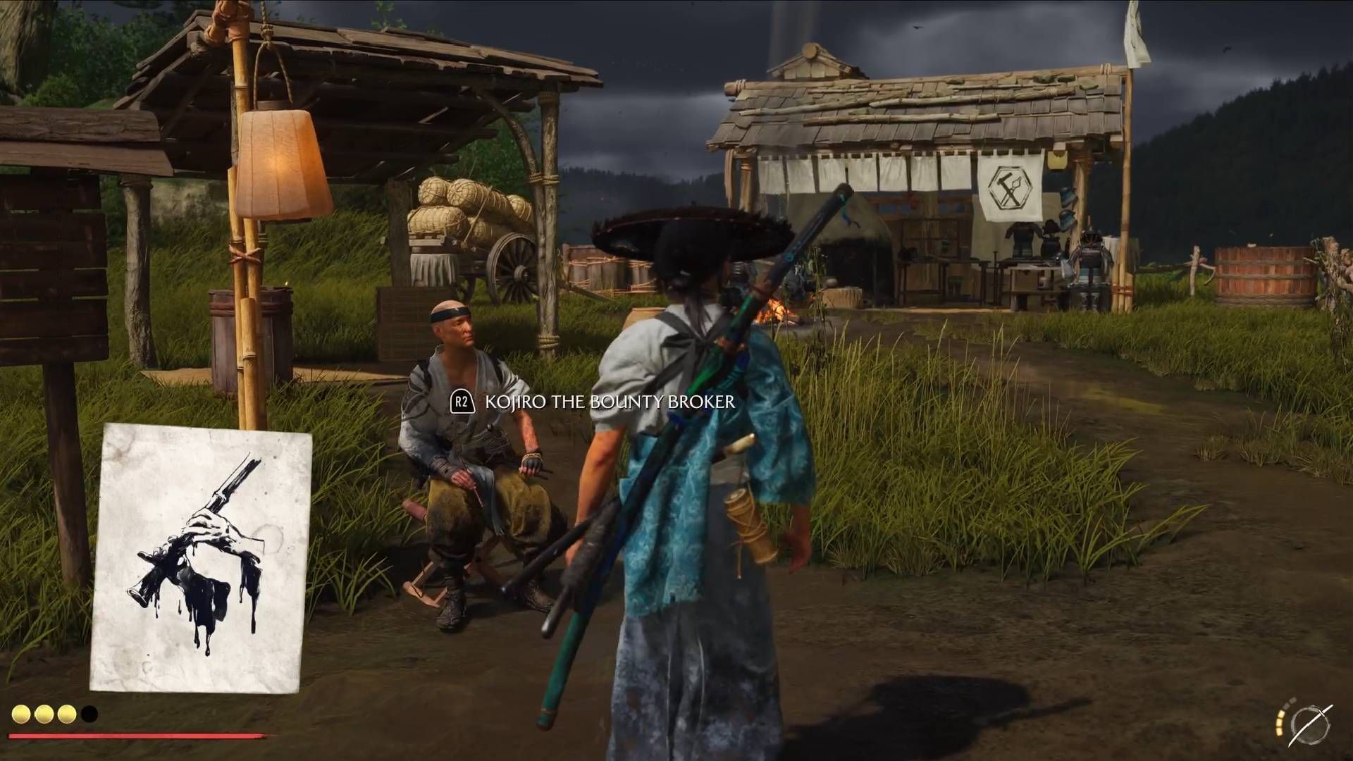 Talk to Kojiro to get the Soma the Condemned bounty (Image via Sucker Punch Productions || Sportskeeda Gaming)
