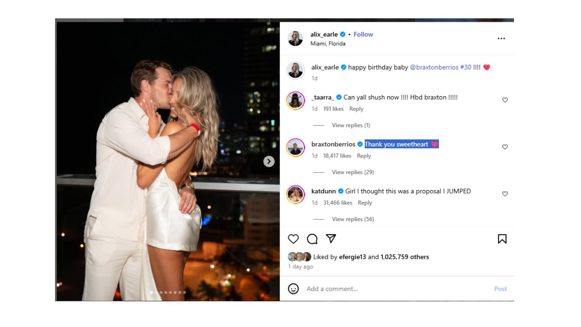 Braxton Berrios&#039; reply to Earle&#039;s Instagram post. (Comment via Alix Earle&#039;s Instagram post)