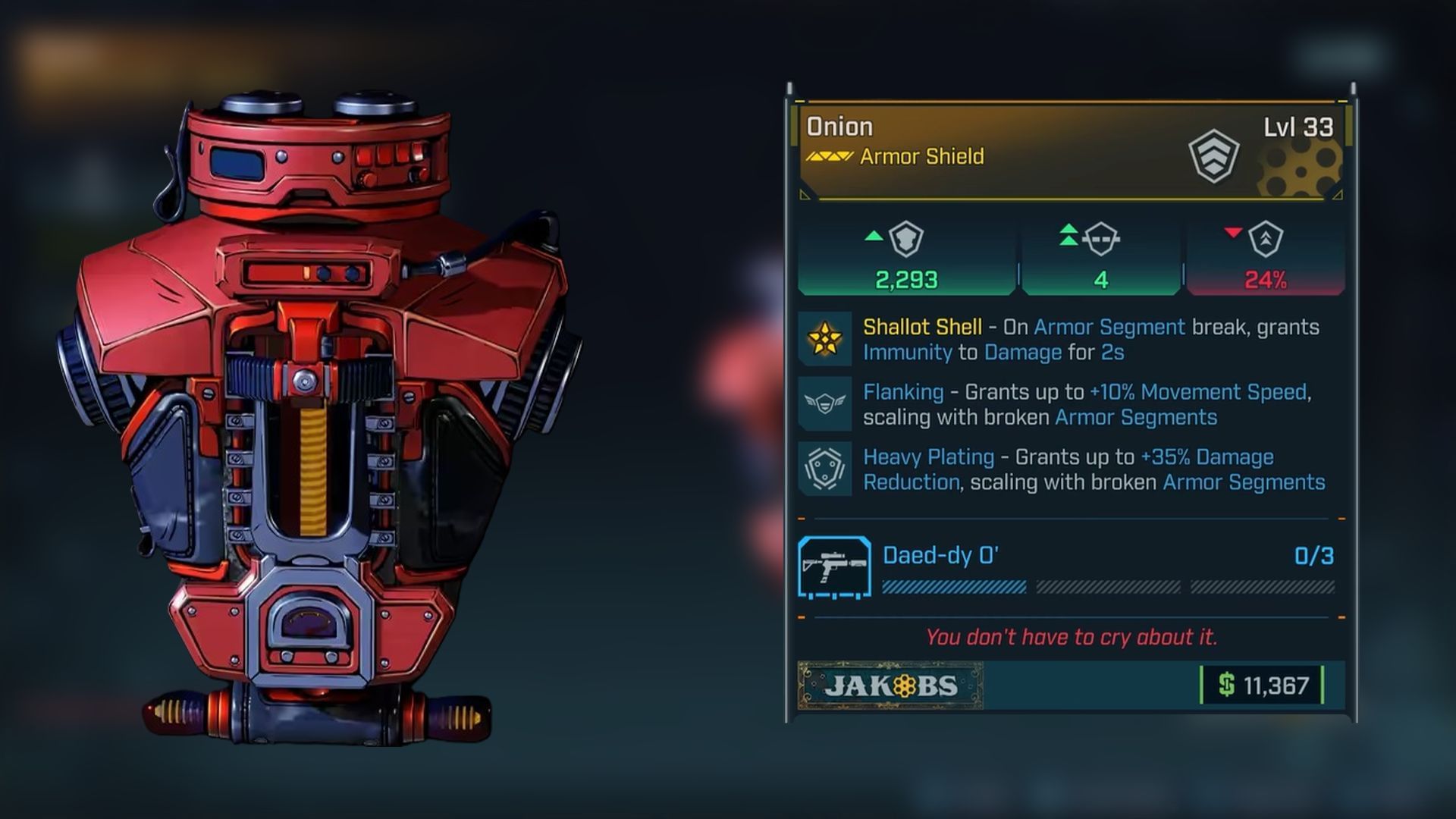 The unique perk of the Onion shield, Shallot Shell, grants you total immunity on shield break (Image via Gearbox Software)
